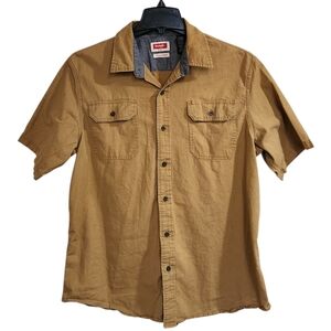 Wrangler Mens Sz L Shirt Short Sleeve Button Down Khaki Brown Stretch  Workwear